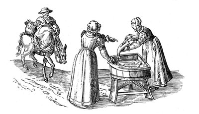 Viskraam op een markt, 1572 door Georgius Braun