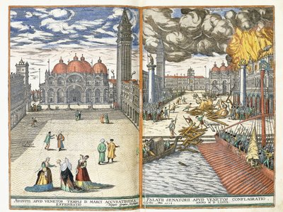 Het Piazza San Marco en De Brand van het Palazzo Senatorii, c.1577-8 door Georgius Housnaglius