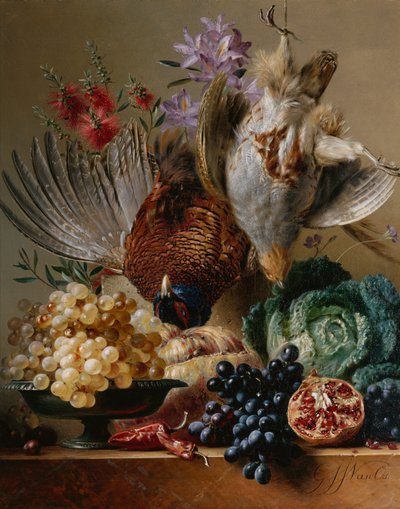 Dode fazant, patrijs, druiven, kool, fruit en bloemen op een richel door Georgius Jacobus Johannes van (after) Os