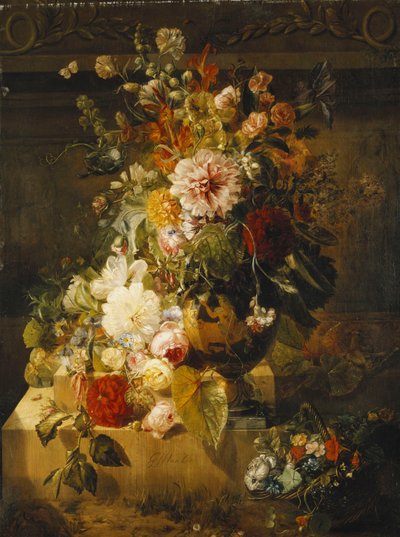 Rozen, winde, anjers, stokrozen, pioenen, seringen en andere bloemen in een vaas door Georgius Jacobus Johannes van Os