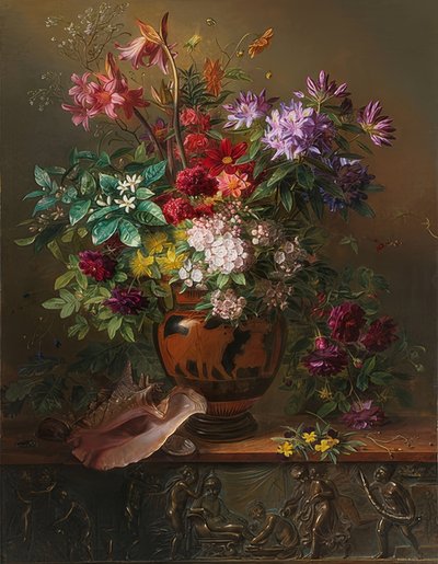 Stilleven met bloemen in een Griekse vaas: Allegorie van de lente door Georgius Jacobus Johannes van Os