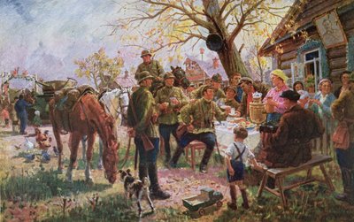 Soldaten van het Rode Leger op manoeuvre ontvangen een welkom en rusten in een Kolchoze door Georgiy Konstantinovich Savitsky