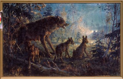Een ontmoeting in het bos (Wolvin en haar welpen tegenover een tractor, in de nacht) - Schilderij van George (Georgy, Georgi) Konstantinovich Savitsky (1887-1949), olie op doek door Georgiy Konstantinovich Savitsky