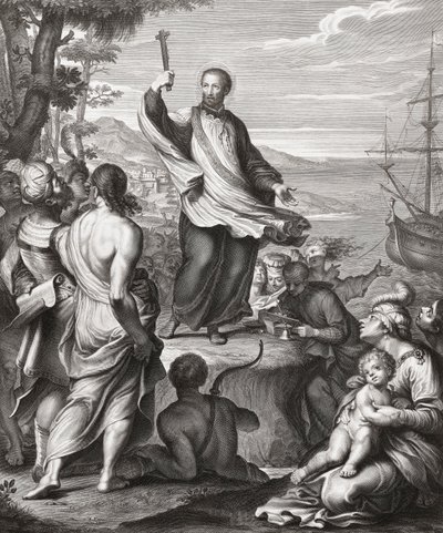 Sint Franciscus Xaverius predikend door Gerard (after) Edelinck