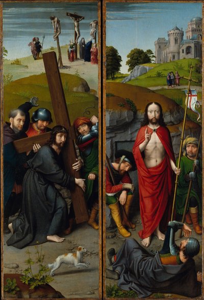 Christus draagt het kruis, met de kruisiging; De opstanding, met de pelgrims van Emmaüs, ca. 1510 door Gerard David