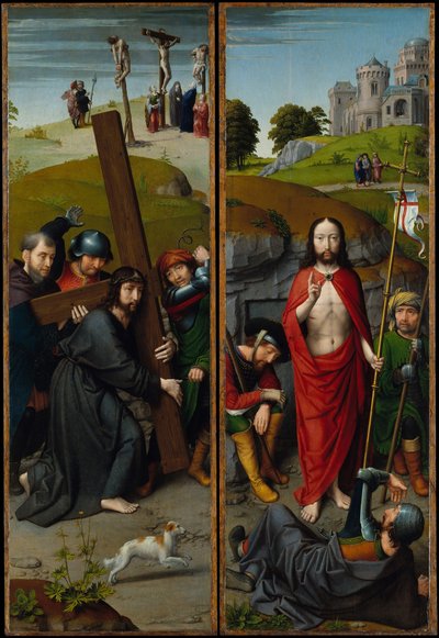 Christus Draagt het Kruis, met de Kruisiging, De Opstanding, met de Pelgrims..., ca. 1510 door Gerard David