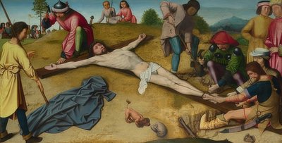 Christus wordt aan het kruis genageld. Circa 1481 door Gerard David