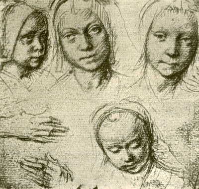 Vier Hoofden van een Jong Meisje en Twee Handen door Gerard David