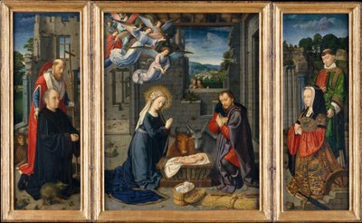 De Geboorte met Schenkers en Heiligen Hiëronymus en Leonardus, ca. 1510-15 door Gerard David