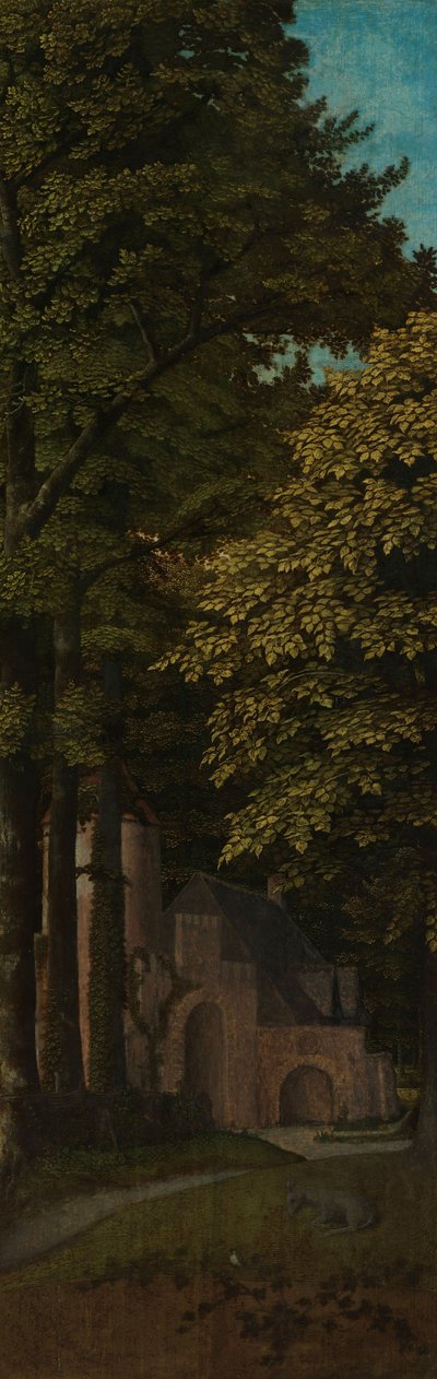 Uitzicht in een bos, buitenste linker vleugel van een drieluik, ca. 1505-ca. 1515 door Gerard David