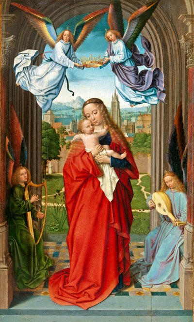 Maagd en kind met vier engelen, ca. 1510-15 door Gerard David