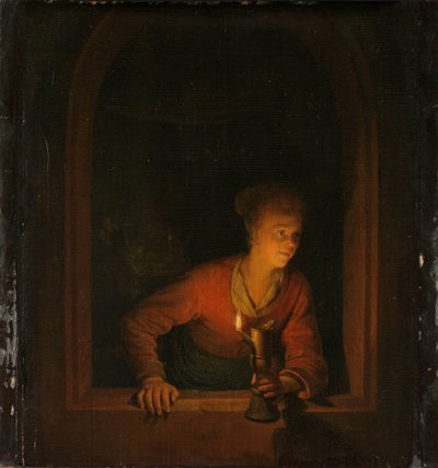 Meisje met een olielamp bij een raam door Gerrit Dou