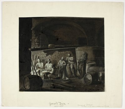 Wijnkelder met mannen die kaarten spelen door Gerrit Dou