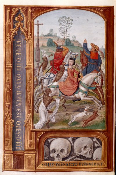 Add 35313 fol.158v Skeletten vallen een jachtpartij aan, uit de 