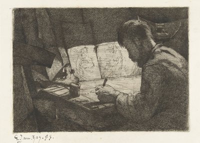 Zelfportret achter de tekentafel door Gerard Jan Bos (signed by artist)