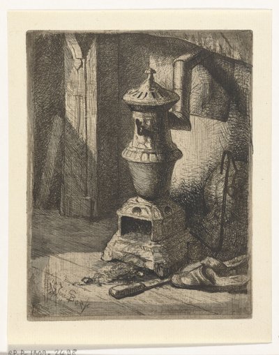 Studie van een interieur met kachel door Gerard Jan Bos