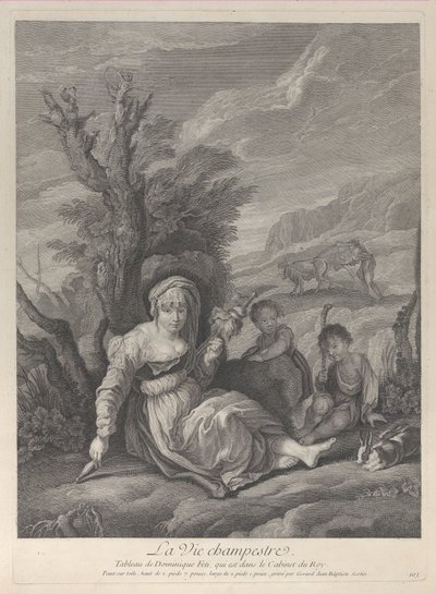 Een plattelandsvrouw zittend in het landschap met twee jongens aan haar zijde, 1729-40 door Gerard Jean Baptiste Scotin