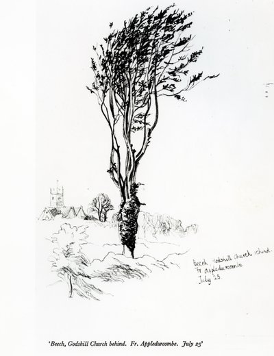Beuk, Godshill Kerk achter. Fr. Appledurcombe. 25 juli, ca. 1860s door Gerard Manley Hopkins