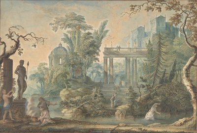 Arcadisch Landschap met verschillende Figuren en een Standbeeld van Apollo, 18e eeuw door Gerard Melder