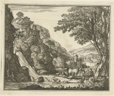 Herder met dieren bij een waterval door Gerard Melder