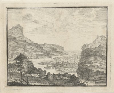Rivierlandschap met gezicht op een stad door Gerard Melder