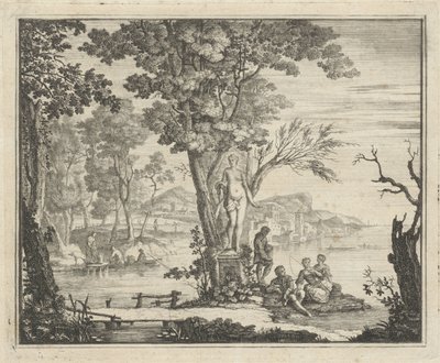 Rivierlandschap met hengelaars bij een beeld van Venus door Gerard Melder