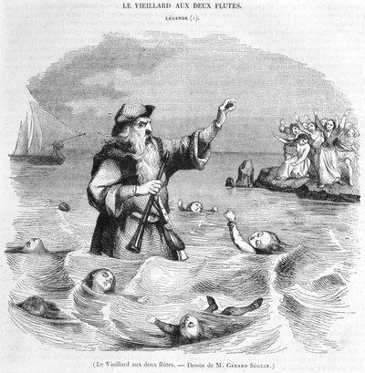 De oude man met twee fluiten. Tekening door Gérard Séguin door Gerard Seguin