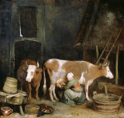 Een Dienstmeid Melkt een Koe in een Schuur, 1652-1654 door Gerard Ter Borch the Younger