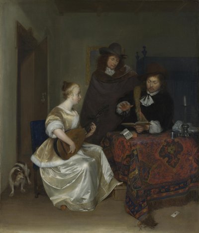 Een vrouw speelt theorbo voor twee mannen door Gerard Ter Borch the Younger