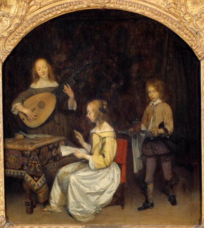 Het concert: zanger en speler van Luit Theorbe. Schilderij door Gerard Ter Borch (1617-1681), Nederlandse school door Gerard ter Borch