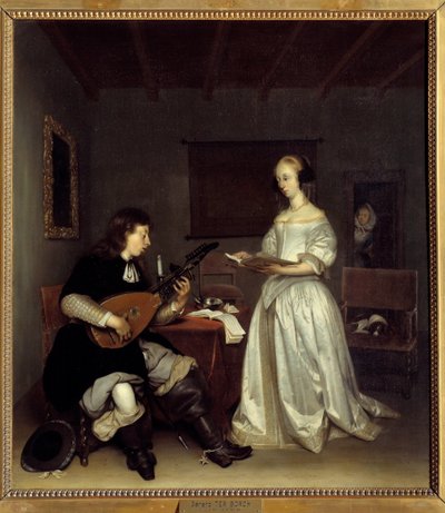 Het duo; zanger en luitspeler theorbo door Gerard ter Borch