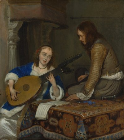 Een vrouw die de theorbo-luit speelt en een ridder door Gerard Terborch II