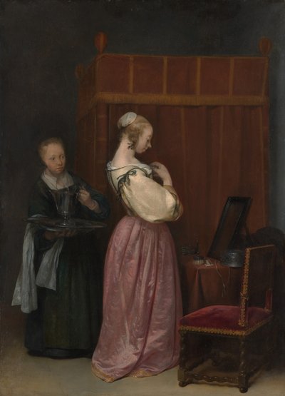 Een jonge vrouw bij haar toilet met een dienstmeid door Gerard Terborch II