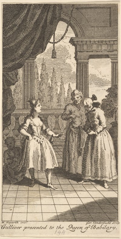 Gulliver Gepresenteerd aan de Koningin van Babilary, Frontispice van De Reizen van Mr. door Gerard Vandergucht
