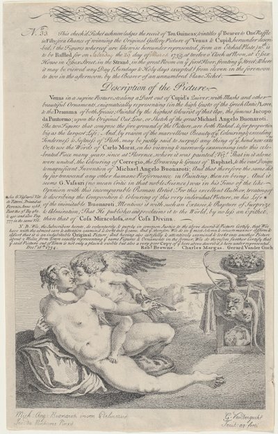 Loterijticket voor het schilderij van Venus en Cupido na Michelangelo, 1734 door Gerard Vandergucht