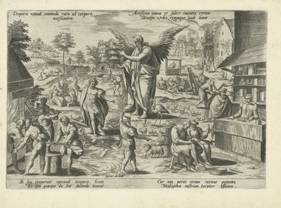 Vader Tijd te midden van scènes met beroepen en bedrijvigheden van de mens Moraliserende allegorieën op de tijd door Gerard de Jode