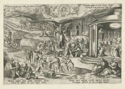Vader Tijd te midden van scènes met werken van barmhartigheid en christelijke deugden. Moraliserende allegorieën op de tijd door Gerard de Jode