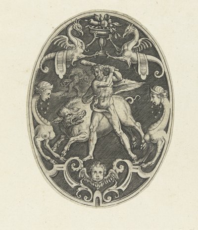 Vlakdecoratie: Hercules vangt het Erymantische everzwijn Ovale vlakdecoraties met de daden van Hercules in grotesken (series title) door Gerard de Jode