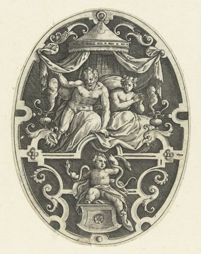 Vlakdecoratie: Hercules wurgt in zijn wieg de twee slangen Ovale vlakdecoraties met de daden van Hercules in grotesken (series title) door Gerard de Jode