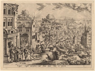 Tobias arriveert bij het huis van Raguel door Gerard de Jode after Hans Bol