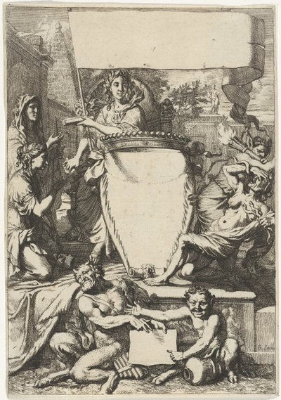 Cartouche omgeven door allegorische figuren door Gerard de Lairesse