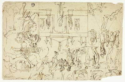 Kopieën naar illustraties van standbeelden en schilderijen (recto); maten voor het skelet van een man (verso) door Gerard de Lairesse