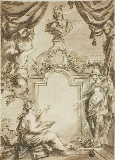 Ontwerp voor titelpagina: Clio neemt dictee af van Minerva door Gerard de Lairesse