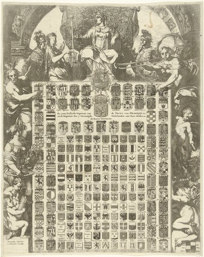 Geslachtswapens van prins Willem III in een allegorische omlijsting door Gerard de Lairesse
