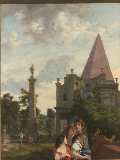 Italiaans Landschap met drie Vrouwen op de voorgrond (Decoratie voor een Kamer in het Huis van Jacob de Flines in Amsterdam) door Gerard de Lairesse