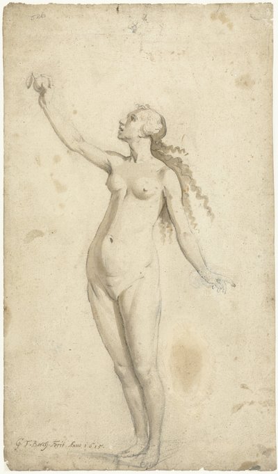 Eva die naar de appel reikt door Gerard ter Borch