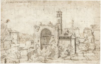 Zicht op de apsis van de Tempel van Venus en Roma en het klooster van S. Maria Nova, Rome door Gerard ter Borch