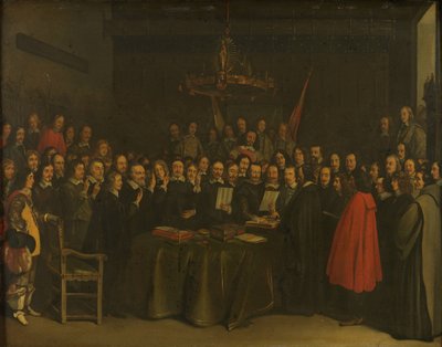 Ratificatie van de Vrede van Münster tussen Spanje en de Nederlandse Republiek in het Stadhuis van Münster, 15 mei 1648 door Gerard ter Borch (II) (copy after)