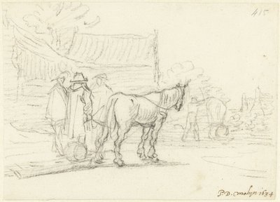 Drie mannen naast een paard en slede door Gerard ter Borch (II)