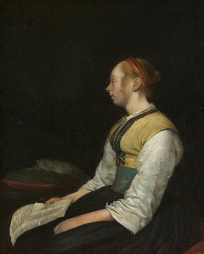 Zittend Meisje in Boerenkostuum door Gerard ter Borch (II)